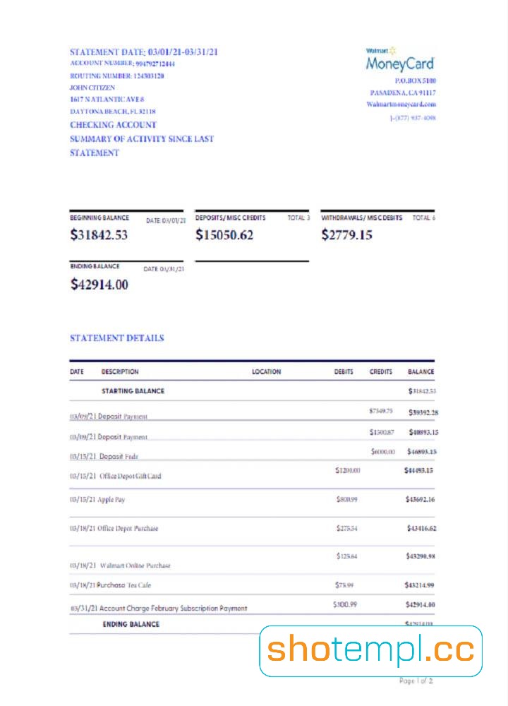 Walmart Money Card Bank Statement Template in PDF Format